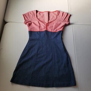 Gingham Denim Dress Women Medium Blue Red Sweetheart Western Rodeo Pinup Cowgirl